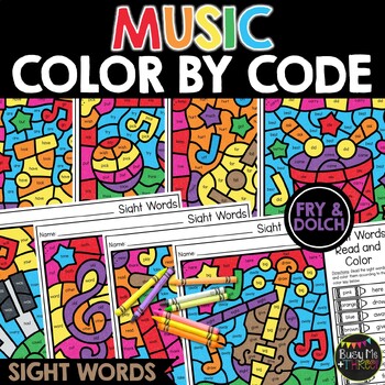 Preview of MUSIC Instruments Color by Code Sight Words No Prep Coloring Pages | Worksheets