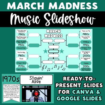 Preview of MUSIC MARCH MADNESS Slideshow | 8 Decades & 16 Songs | For Canva & Google Slides