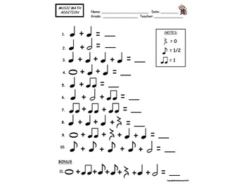MUSIC MATH -ADDITION WORKSHEET! NOTE VALUE ASSESSMENT & GREAT FOR