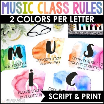 Preview of MUSIC Rules & Expectations Posters - Rainbow Watercolor Music Classroom Decor