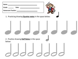 MUSIC WORKSHEET- DRAW QUARTER NOTES & HALF NOTES -GREAT FO