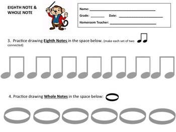 Preview of MUSIC WORKSHEET- DRAWNG EIGHTH NOTES & WHOLE NOTES- GREAT FOR MUSIC SUBSTITUTES!