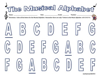Preview of MUSICAL ALPHABET -Coloring Page!  Great for Subs! 7 Letter to Color