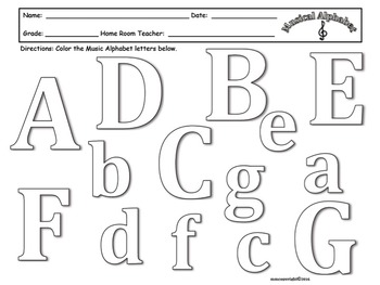 MUSICAL ALPHABET WORKSHEET -COLORING PAGE!!! Great for Subs and Assessment