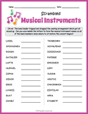 MUSICAL INSTRUMENTS Word Scramble Puzzle Worksheet Activity