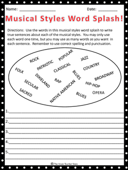 Preview of MUSICAL STYLES WORD SPLASH! GREAT "BACK TO SCHOOL" ACTIVITY! DISTANCE LEARNING