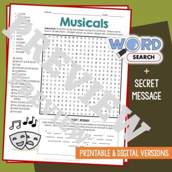 Preview of MUSICALS Word Search Puzzle Activity Vocabulary Worksheet With Secret Message