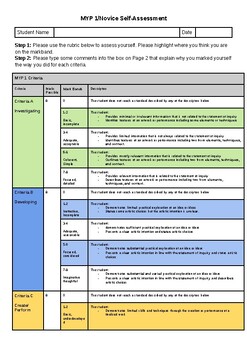 Preview of MYP 1 Novice Self Assessment - 2022 Arts Criteria