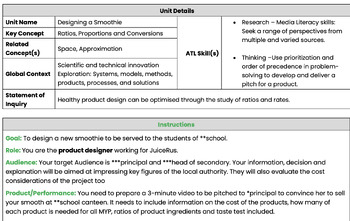 Preview of MYP Maths Ratio Smoothie Criteria CD Project, GRASPS, RUBRIC and Student Journal