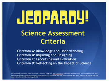 Preview of MYP Science Jeopardy - Assessment Criteria