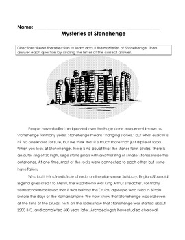 Preview of MYSTERIES of STONEHENGE 12 Multiple Choice Make Inferences Locate Details Vocab