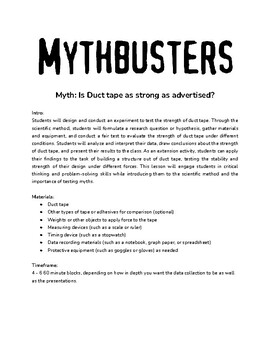 Preview of MYTHBUSTERS Project: Testing Duct Tape Lesson Plan