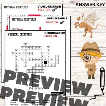 MYTHICAL CREATURES WORKSHEETS Coloring Word Scramble Crossword