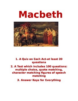 Preview of Macbeth 100 Question Test and a Quiz on Each Act  Answer Key Common Core