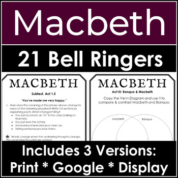 Preview of Macbeth 20 Bell Ringers, 4 Weeks of Entry Tasks to Frame Lesson Plans