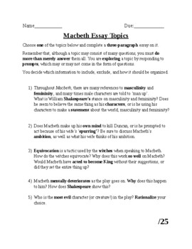 Preview of Macbeth 3-Paragraph Essay - 5 topics, 2 rubrics, 1 outline #NoFearShakespeare!