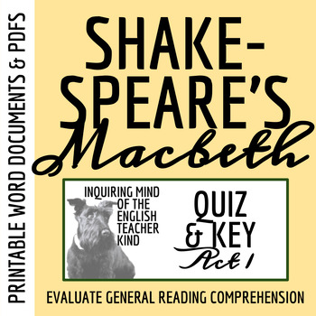 Preview of Shakespeare's Macbeth Act 1 Quiz and Answer Key for High School