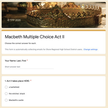 Preview of Macbeth Act 2 Quiz: Google Form