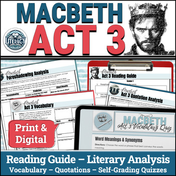 Preview of Macbeth Act 3 - Questions, Quiz, Quotes & Analysis - Print & Digital - Editable