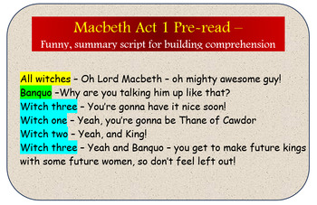 Macbeth Act I in 10 minutes - funny, modern script of Act One for  pre-reading
