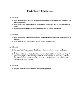 Preview of Macbeth Act III Study Guide--using common core language