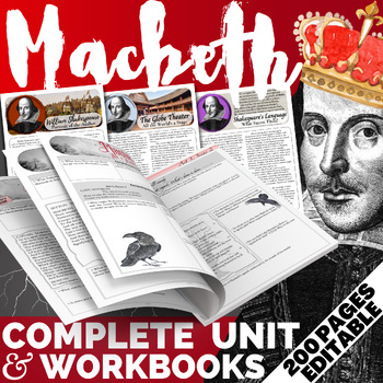 Preview of Macbeth COMPLETE UNIT | Colorful Workbooks | Editable Worksheets for Honors & AP