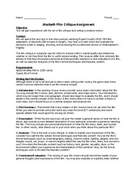 Movie Critique Assignment Worksheets Teaching Resources Tpt