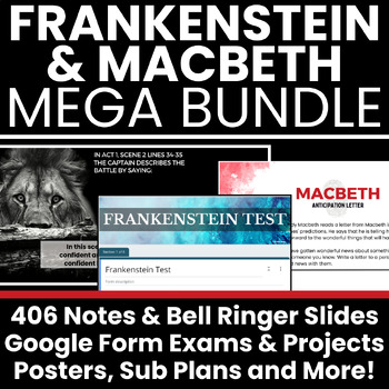 Preview of Macbeth & Frankenstein Slides, Tests, Projects, Sub Plans & Posters Mega Bundle
