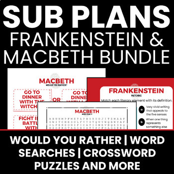 Preview of Macbeth & Frankenstein Sub Plan Bundle- Worksheets/Word Search/Crossword & More!