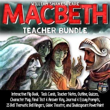 MACBETH CHARACTERS, TASK CARDS, FLIP BOOK, QUIZZES, WRITING, TEST, AND NOTES