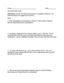 Macbeth Study Guide by EastRiverEnglish | TPT