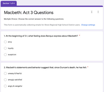 Preview of Macbeth Test: Acts 3-5: Google Form