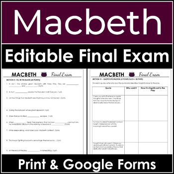 Preview of Macbeth Test - Editable Final Exam With Answer Key in PDF and Google Forms
