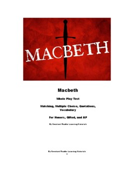 Macbeth Whole Play Test / Exam for Honors, Gifted, and AP | TpT