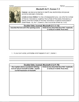 Preview of Macbeth Worksheets with Double-Entry Journals and Guiding Questions