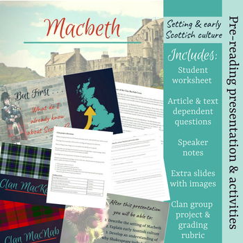 Preview of Macbeth pre-reading presentation & activities about setting & Scottish culture