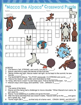 Macca the Alpaca Activities Crossword Puzzle and Word Searches TPT