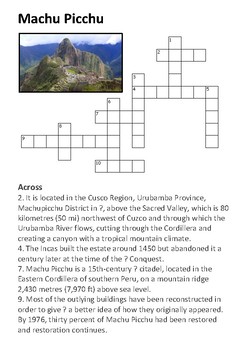 Machu Picchu Crossword by Steven #39 s Social Studies TpT