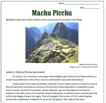 Machu Picchu: Reading, Activities, and Substitute Plan for Spanish Class