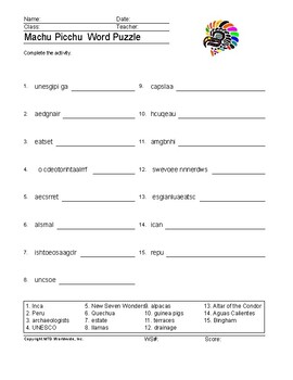 Machu Picchu Word Search and Printable Vocabulary Worksheet Pack