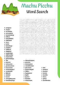 Machu Picchu word search Puzzle worksheet activities for kids TPT