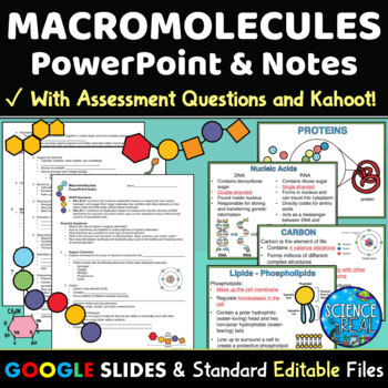 Preview of Macromolecules PowerPoint with Notes, Questions, and Kahoot