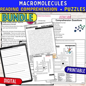 Preview of Macromolecules Reading Comprehension Passage,PUZZLES,Quiz,DIGITAL. BUNDLE