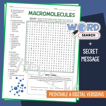 Preview of Biology Macromolecules Word Search Puzzle Vocabulary Activity Review Worksheet