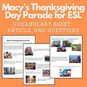 Preview of Macy's Thanksgiving Day Parade Lesson for ESL Students