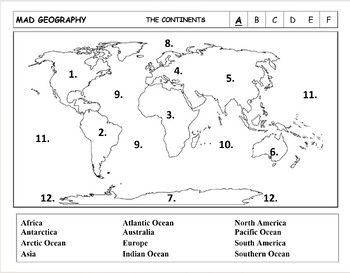 Preview of Mad Geography Continents and Oceans Blank Map Tests