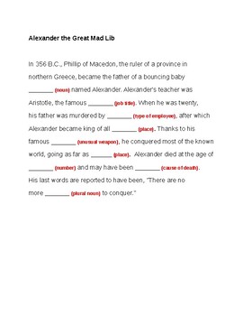 Preview of Mad Lib: Alexander the Great!