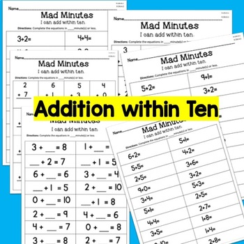 Mad Minutes Add & Subtract Within 10 K.OA.A.1, K.OA.2 by 123kteach