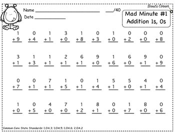 mad minutes addition 0s and 1s demo by scouts corner tpt