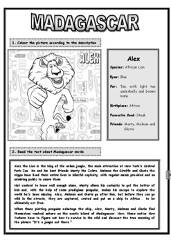 Preview of Madagascar - Characters description, reading, cloze, past simple and writing set